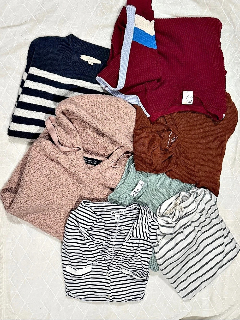 Abercrombie & Fitch Plush Sherpa Hoodie Striped Tops Bundle in Blue & Pink ,aeri
